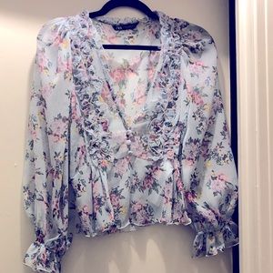 Zara light blue ruffled long sleeve top